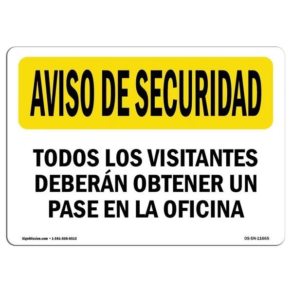 OSHA SECURITY Sign, Visitors Must Get Pass Spanish, 5in X 3.5in Decal, 5